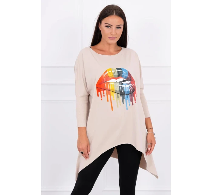 Oversize halenka s potiskem duhových rtů béžová