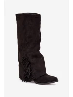 Zateplené Kozačky Kavalíři Dámské Na Podpatku S Třásněmi Černé Zalia