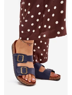 Dámské pantofle na korkové platformě s přezkami – tmavě modré