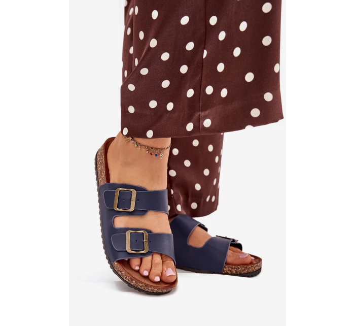 Dámské pantofle na korkové platformě s přezkami – tmavě modré Dámské pantofle na korkové platformě s přezkami – tmavě modré