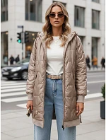 Dlouhá dámská prošívaná bunda s kapucí, béžová, FashionStreet TY5810 Dlouhá dámská prošívaná bunda s kapucí, béžová, FashionStreet TY5810