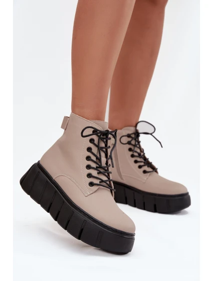 Kožené zateplené dámské kotníkové boty na platformě model 21707594 béžové - VINCEZA