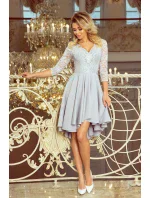 Šedé dámské šaty s krajkovým výstřihem a delším zadním dílem model 7194612 Šedé dámské šaty s krajkovým výstřihem a delším zadním dílem model 7194612