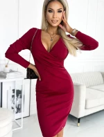 398-2 Elegantní bavlněné šaty s obálkovým výstřihem a dlouhými rukávy - Bordeaux