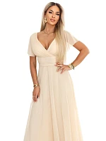 635-9 MELANIA dlouhé třpytivé svatební šaty s výstřihem a krátkými rukávy - béžové