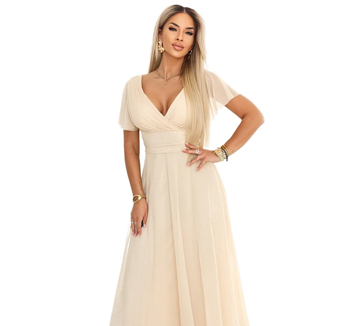 635-9 MELANIA dlouhé třpytivé svatební šaty s výstřihem a krátkými rukávy - béžové