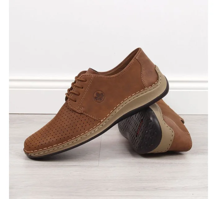 Kožené polobotky Rieker M RKR528 hnědé s ažurovým vzorem