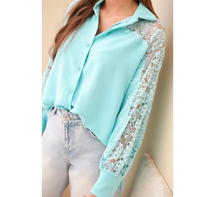 Dámská viskózová košile s krajkovými rukávy a límečkem mátová