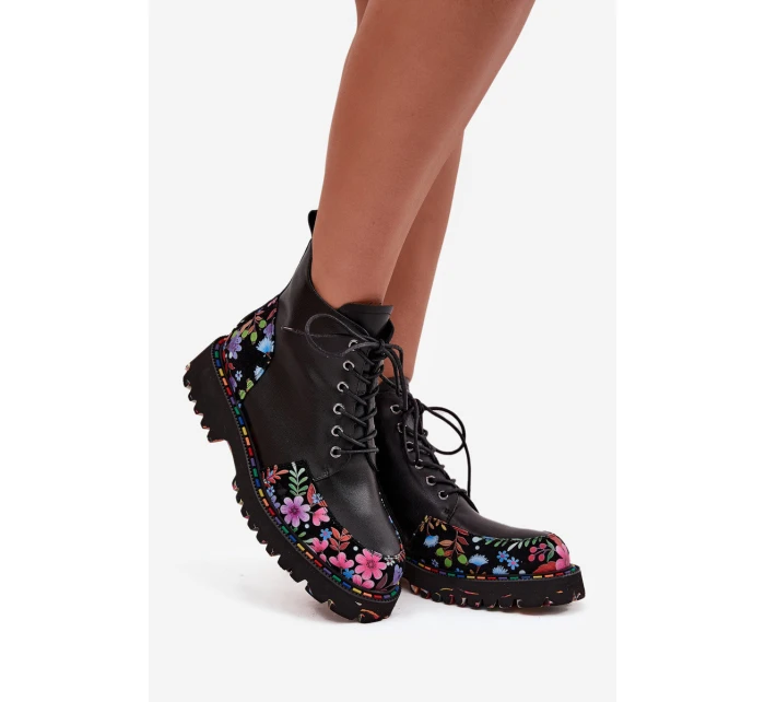 Kožené dámské kotníkové boty s květinami zateplené Artiker 57C0180 Černé