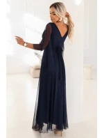 655-3 Dlouhé lehké třpytivé šaty s výstřihem a průhlednými rukávy - tmavě modré 655-3 Dlouhé lehké třpytivé šaty s výstřihem a průhlednými rukávy - tmavě modré