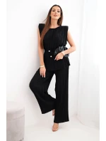 Dámský plisovaný komplet z viskózy s vázanou halenkou a širokými kalhotami černý Dámský plisovaný komplet z viskózy s vázanou halenkou a širokými kalhotami černý