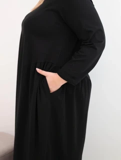 Dámská suknička Plus Size z bavlny s dlouhým rukávem a nařasením v pase černá