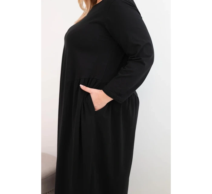 Dámská suknička Plus Size z bavlny s dlouhým rukávem a nařasením v pase černá