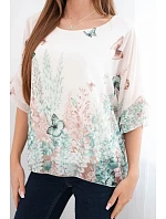 Dámská halenka s plisovaným rukávem a potiskem mentolová