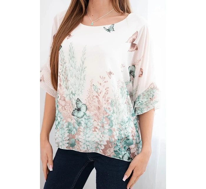 Dámská halenka s plisovaným rukávem a potiskem mentolová