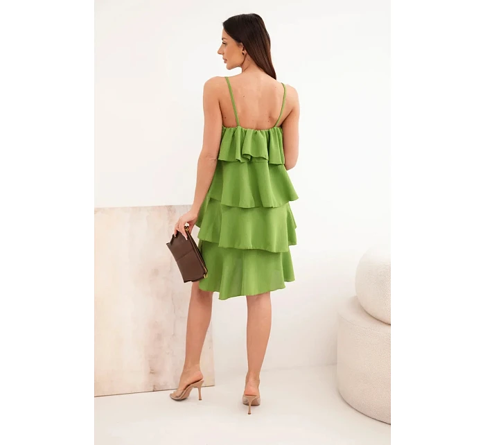 Dámské mini šaty na ramínka s volány olivová