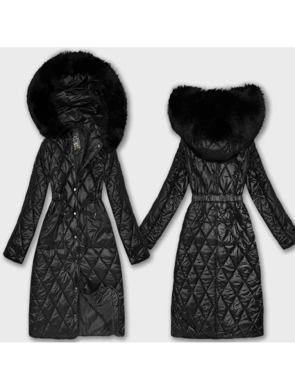 Černý prošívaný kabát s kapucí Libland (LD-7768)