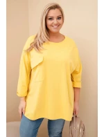 Dámská blůza Plus Size s bavlnou, kapsou a ohrnovacími rukávy žlutá