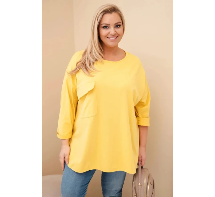 Dámská blůza Plus Size s bavlnou, kapsou a ohrnovacími rukávy žlutá