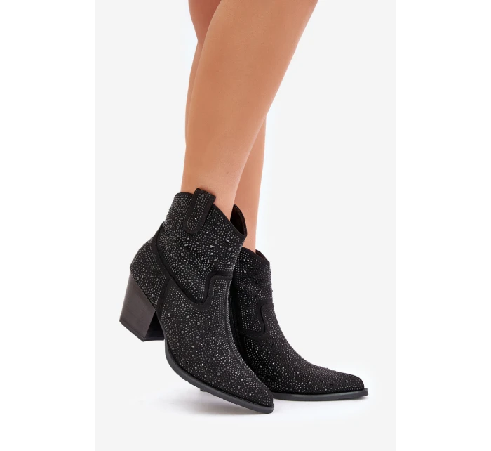 Ozdobené Kožené Botky Na Podpatku S Špičatými Nosky Černé S.Barski HY42-121