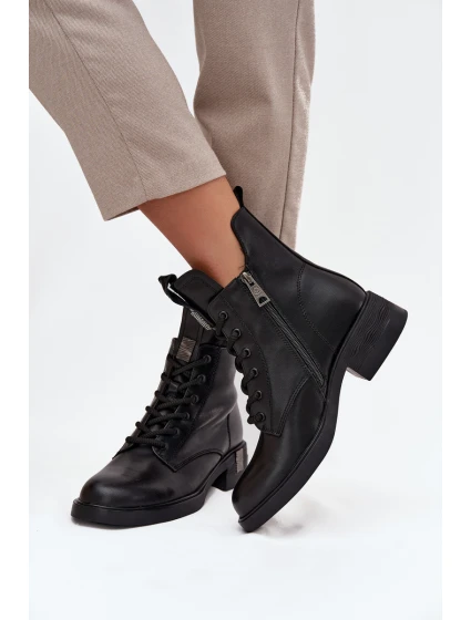 Kožené dámské kozačky na nízkém podpatku model 21713393 Černé - VINCEZA