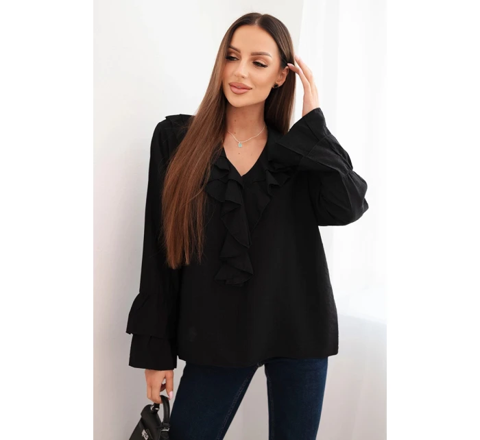 Dámská blůza z viskózy s volány a dlouhým rukávem černá Dámská blůza z viskózy s volány a dlouhým rukávem černá