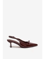Dámské lakované lodičky na jehlovém podpatku s mašlí Olvena – čokoládové Dámské lakované lodičky na jehlovém podpatku s mašlí Olvena – čokoládové