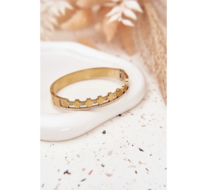 Náramek ze nerezové oceli zdobený čirými kamínky zlatý