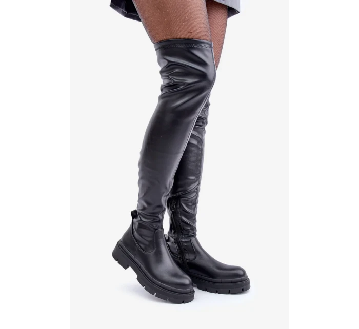 Kozačky nad kolena na plochém podpatku černé Feliri