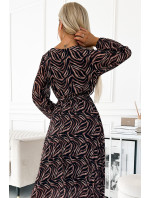 Dlouhé dámské plisované šifonové šaty s výstřihem, dlouhými rukávy, páskem a s  vzorem model 19019230 - numoco basic