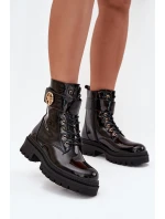 Lakované boty worker dámské se zlatým detailem zateplené černé Fiorena Lakované boty worker dámské se zlatým detailem zateplené černé Fiorena