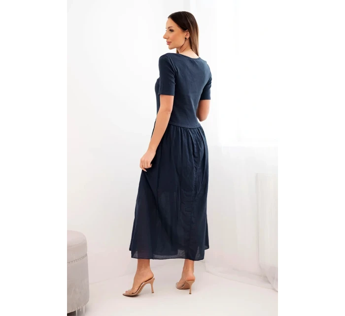 Dámské bavlněné midi šaty s krátkým rukávem a rozšířeným spodkem námořnická modrá