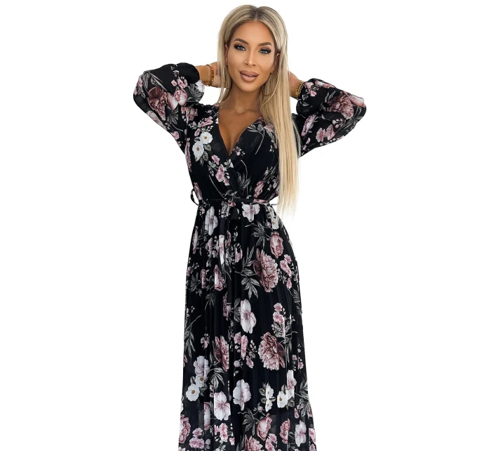 Černé dámské plisované midi šaty s výstřihem, dlouhými rukávy, zavazováním v pase a se vzorem květů model 21883680 - numoco basic