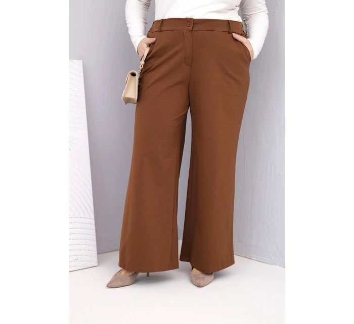 Dámské kalhoty Plus Size s širokou nohavicí a vysokým pasem tmavě camelové