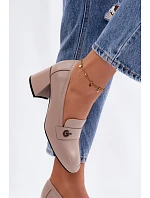 Kožené dámské polobotky na podpatku model 22100040 Béžové - VINCEZA