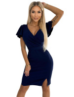 NINA - Tmavě modré dámské šaty s přeloženým obálkovým výstřihem, rukávky a páskem 479-2