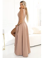 640-4 LORETTA jedinečné dlouhé šaty s tylovými rukávy a výstřihem - béžové 640-4 LORETTA jedinečné dlouhé šaty s tylovými rukávy a výstřihem - béžové