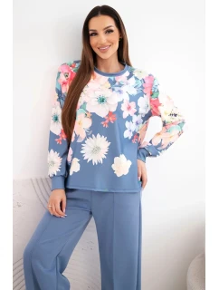 Dámský máslový viskózový komplet s květinovým vzorem a širokými nohavicemi model 22014235 - K-Fashion