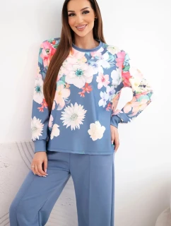Dámský máslový viskózový komplet s květinovým vzorem a širokými nohavicemi jeansový