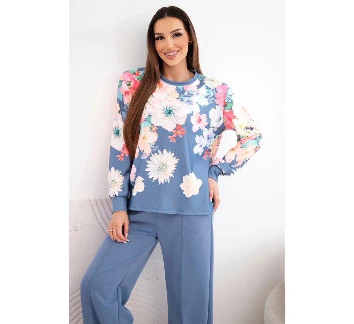 Dámský máslový viskózový komplet s květinovým vzorem a širokými nohavicemi model 22014235 - K-Fashion