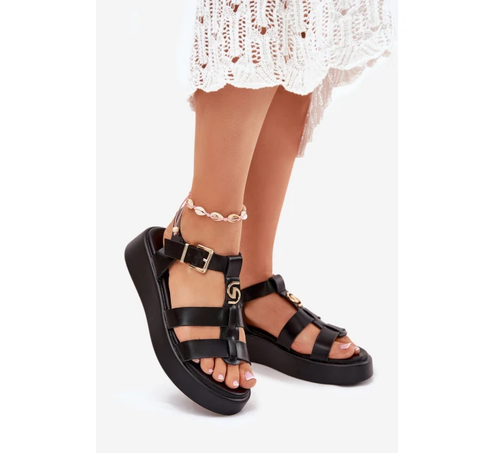 Dámské Sandály Na Platformě Se Zlatým Detalem Černé Fevire Dámské Sandály Na Platformě Se Zlatým Detalem Černé Fevire