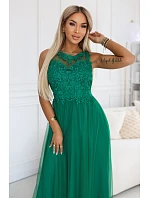 672-3 Romantické svatební maxi šaty s vyšívanou krajkou a tylem - zelené