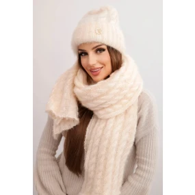 Dámská souprava čepice a šály s pruhy s ozdobou ecru Dámská souprava čepice a šály s pruhy s ozdobou ecru