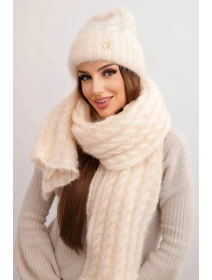 Dámská souprava čepice a šály s pruhy s ozdobou ecru