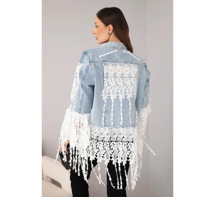 Dámská džínová bunda bavlněná s krajkou a třásněmi jasně džínová