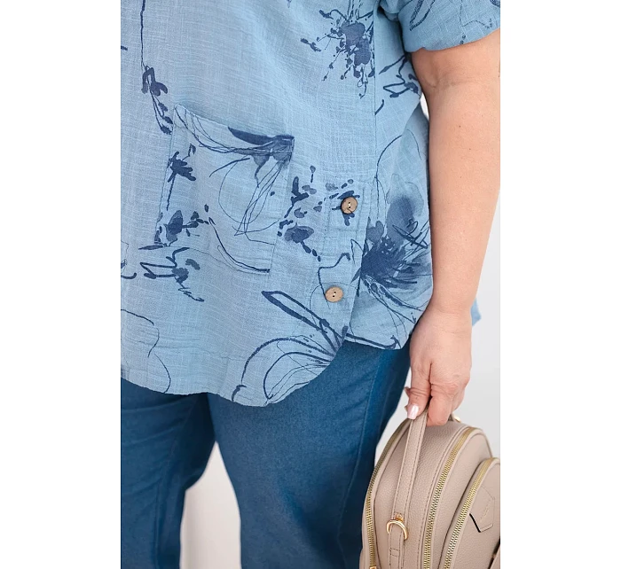 Dámská bavlněná halenka Plus Size s krátkým rukávem a kapsou džínová Dámská bavlněná halenka Plus Size s krátkým rukávem a kapsou džínová