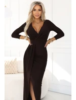 Elegantní dlouhé šaty s obálkovým výstřihem a rozparkem  hnědé model 21720277 - numoco