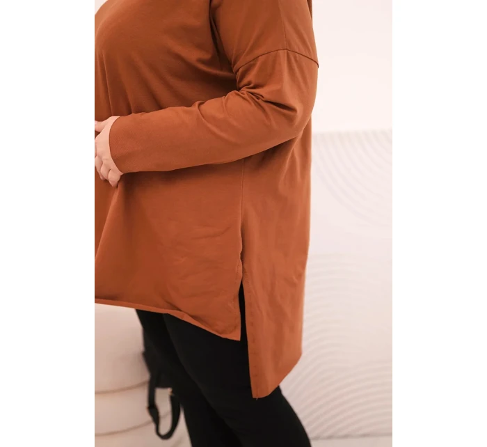 Dámská blůza Plus Size asymetrická s dlouhým rukávem tmavě camelová