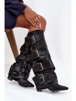 Dámské kozačky na podpatku s lemem a zlatými Černé model 21708830 - Boto Dámské kozačky na podpatku s lemem a zlatými Černé model 21708830 - Boto