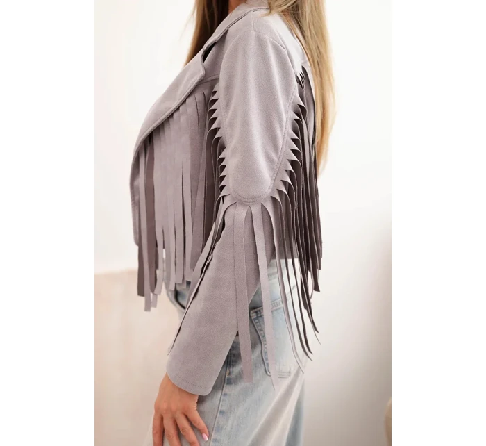 Dámská semišová bunda s třásněmi šedá